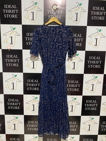 LONDON |XL| BUST 19| B4| V-NECK NAVY BLUE METALLIC GOLD FOIL MIDI WRAP DRESS