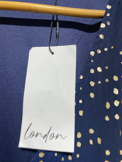 LONDON |XL| BUST 19| B4| V-NECK NAVY BLUE METALLIC GOLD FOIL MIDI WRAP DRESS