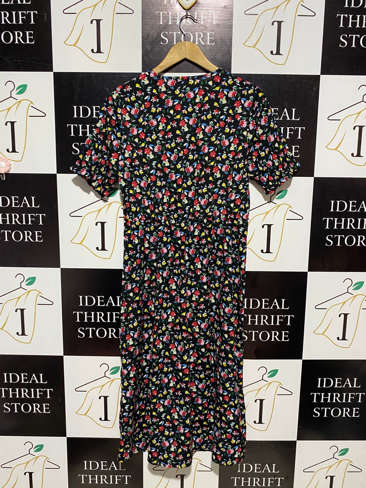 NEW LOOK |L| BUST 18| B4| BLACK MULTICOLOR FLORAL V-NECK MIDI DRESS