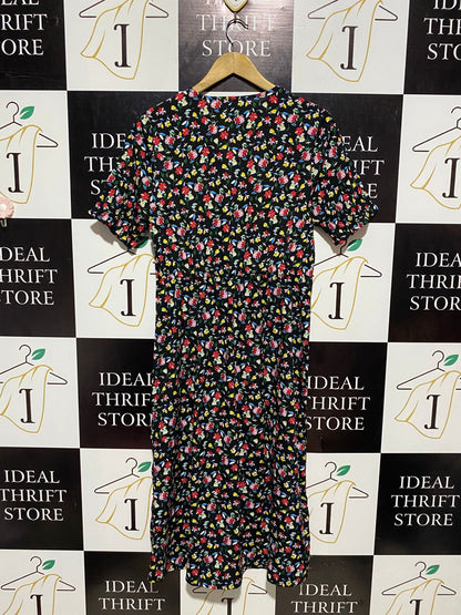 NEW LOOK |L| BUST 18| B4| BLACK MULTICOLOR FLORAL V-NECK MIDI DRESS