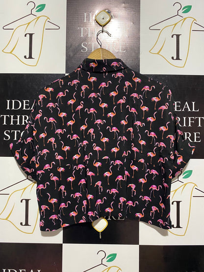 TOP SHOP |S| BUST FREE |B4| BLACK FLAMINGO PRINT SHORT SLEEVE CROP SHIRT