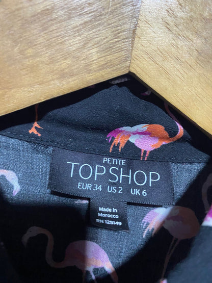 TOP SHOP |S| BUST FREE |B4| BLACK FLAMINGO PRINT SHORT SLEEVE CROP SHIRT