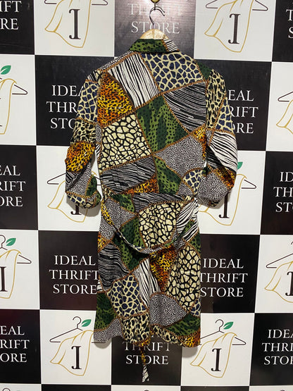 PEP & CO |M| BUST 19| B4| MIXED ANIMAL PRINT PATCHWORK SHIRT DRESS WITH WAIST TIE