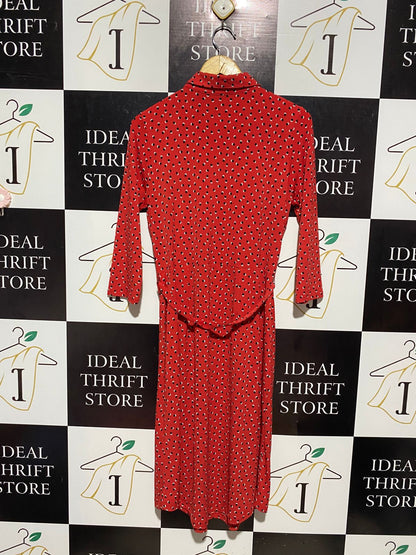 TAHARI |M| BUST 18| B4| RED POLKA DOT BUTTON-FRONT MIDI DRESS WITH WAIST TIE