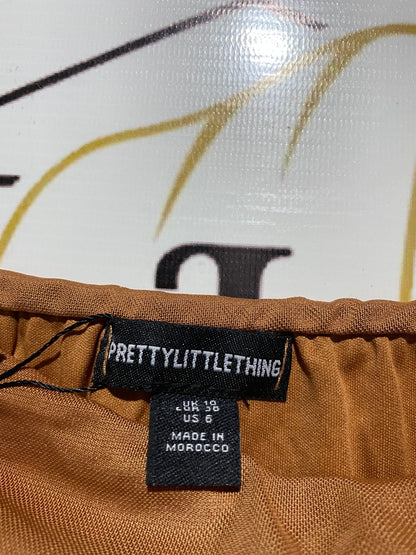 PRETTYLITTLE THING |M| BUST 11| B16| CAMEL RUCHED OFF-THE-SHOULDER BODYCON MINI DRESS