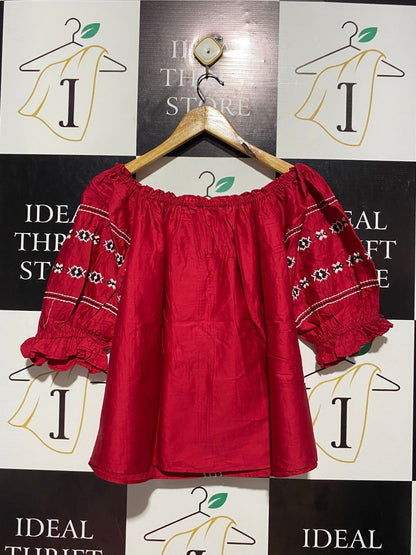 ZARA |S| BUST 19| B4| RED BOHO EMBROIDERED OFF-THE-SHOULDER PEASANT BLOUSE