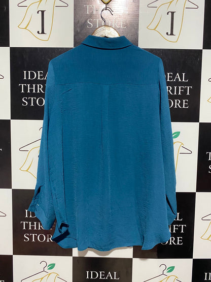 GEORGE |XL| BUST 24| B4| TEAL BLUE LONG-LINE BUTTON-DOWN TEXTURED SHIRT