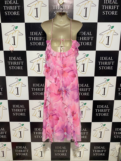 SHEIN |S| BUST 17| B4| ROMANTIC PINK FLORAL RUFFLE MAXI DRESS WITH HALTER CROSS NECK