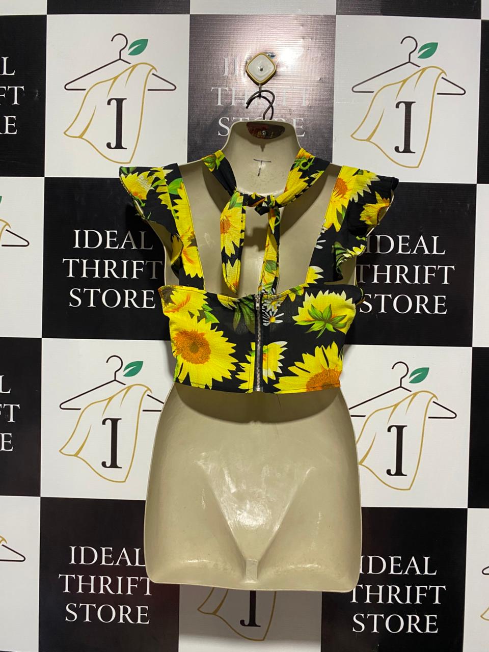 |S| BUST 19| B4| VIBRANT SUNFLOWER PRINT CRISS-CROSS HALTER CROP TOP