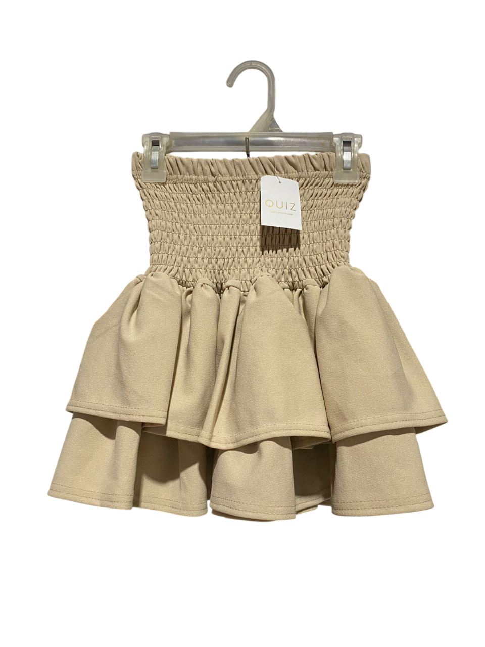 QUIZ |M| WAIST 21| B5| BEIGE SMOCKED TIERED RUFFLE MINI SKIRT
