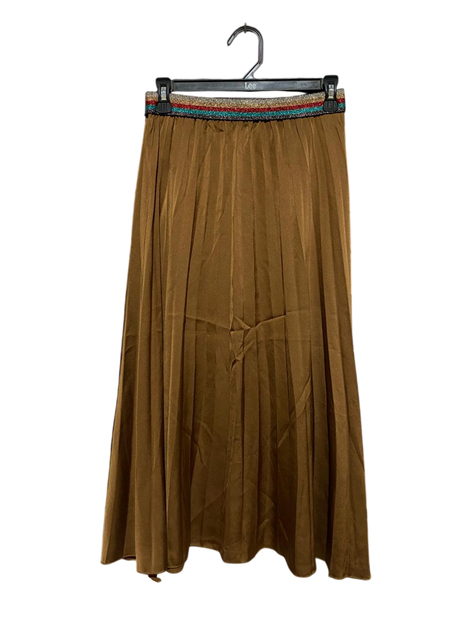 CASTELLANI |S| WAIST 26| B5| LUXE BRONZE SATIN PLEATED MIDI SKIRT WITH GLITTER WAISTBAND