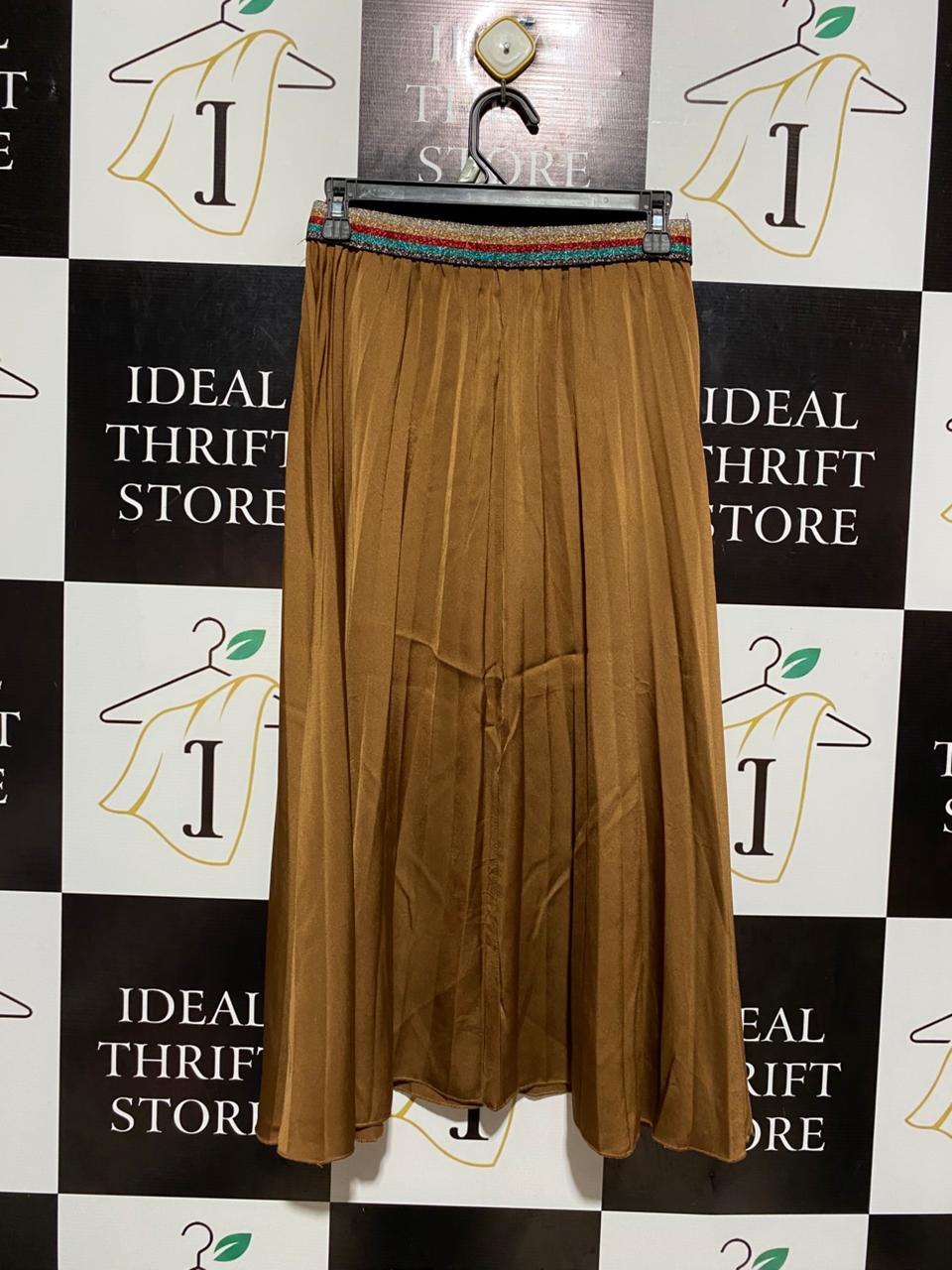 CASTELLANI |S| WAIST 26| B5| LUXE BRONZE SATIN PLEATED MIDI SKIRT WITH GLITTER WAISTBAND