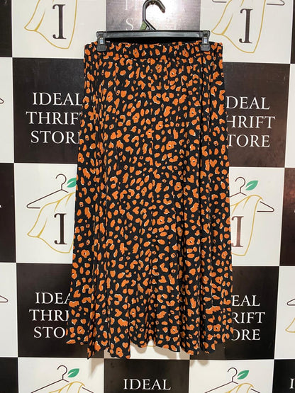 DOROTHY PERKINS |L| WAIST 30| B5| VIBRANT ORANGE AND BLACK LEOPARD PRINT MIDI SKIRT