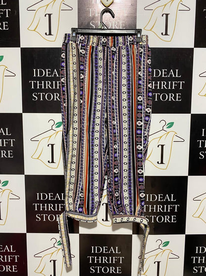 EMERY ROSE |L| WAIST 28| B5| VIBRANT BOHO ETHNIC PRINT TIE-CUFF CROPPED PANTS