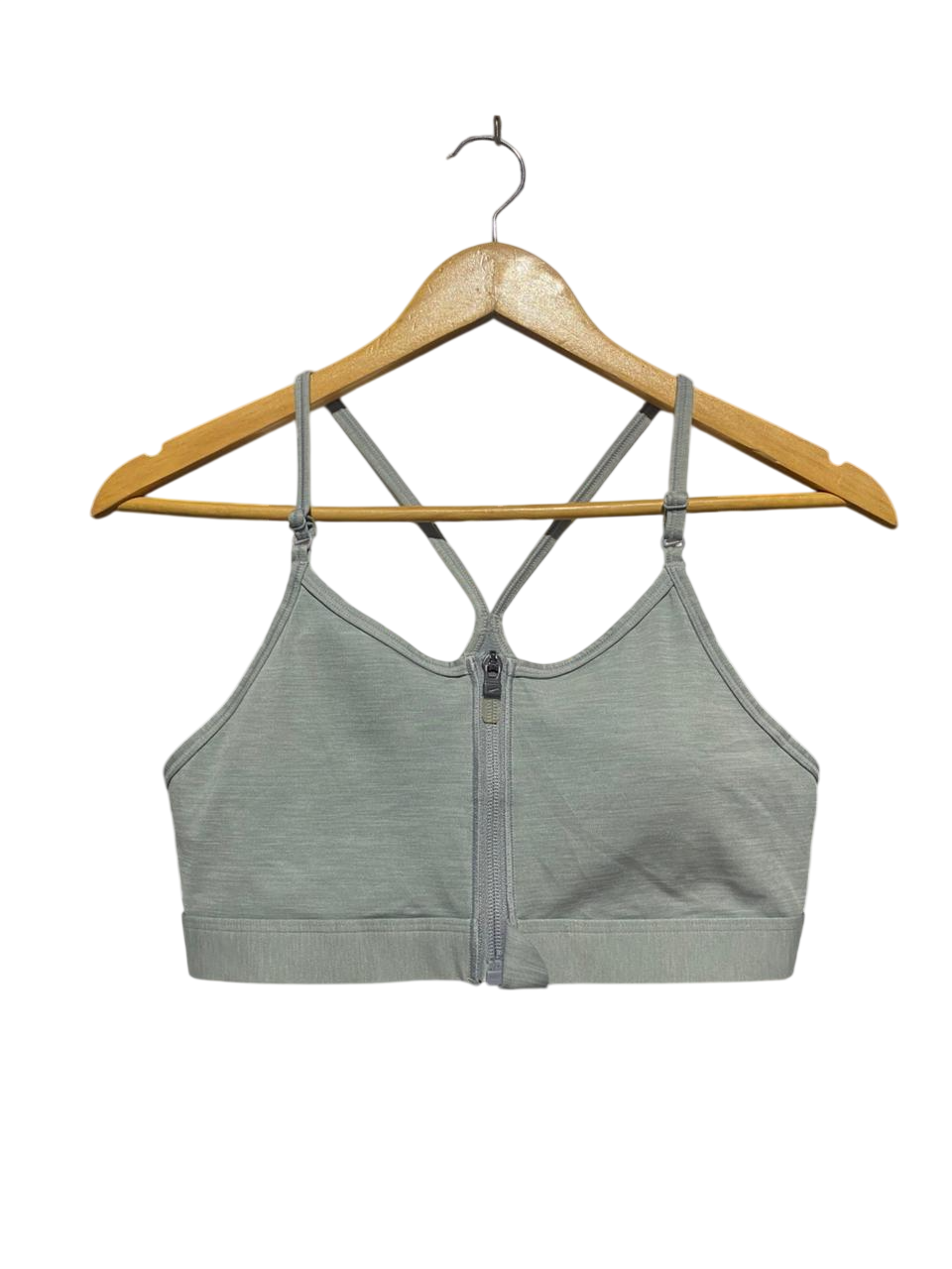 NIKE |M| BUST 14| B5| LADIES DRI-FIT ZIP-FRONT ADJUSTABLE SPORTS BRA IN SAGE HEATHER