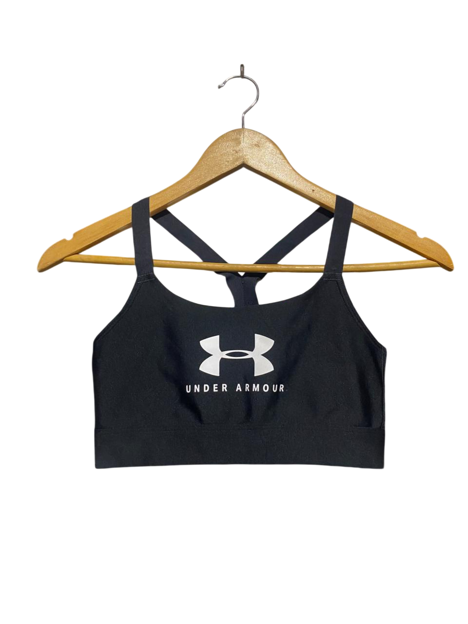 UNDER ARMOUR |S| BUST 13| B5| LADIES BIG LOGO CROSS-BACK SPORTS BRA IN BLACK