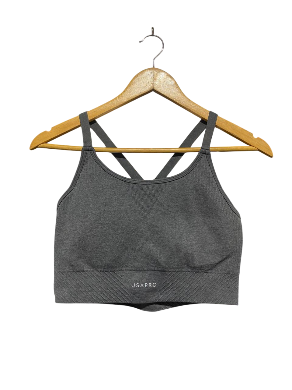 USAPRO |XS| BUST 12| B5| CHARCOAL GREY SEAMLESS CROSS-BACK PERFORMANCE SPORTS BRA
