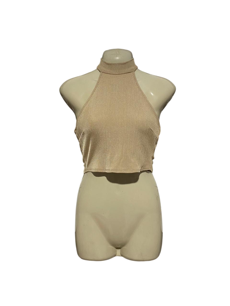 TOPSHOP |M| BUST 16| B6| CHIC BEIGE RIBBED HIGH-NECK HALTER CROP TOP