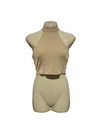 TOPSHOP |M| BUST 16| B6| CHIC BEIGE RIBBED HIGH-NECK HALTER CROP TOP