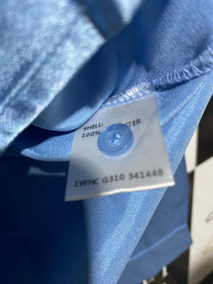VALLEY GIRL |L| BUST 23 | B6| LUSTROUS SKY BLUE SATIN LONG SLEEVE BUTTON-UP SHIRT