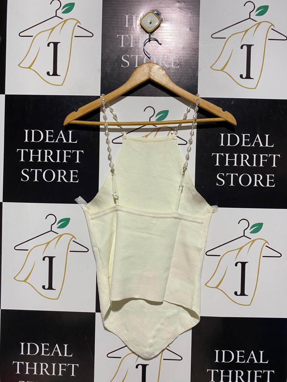 GLASSON |L| BUST 14| B6| ELEGANT CREAM KNIT HALTER TOP WITH FAUX PEARL BEADED STRAPS