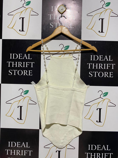GLASSON |L| BUST 14| B6| ELEGANT CREAM KNIT HALTER TOP WITH FAUX PEARL BEADED STRAPS