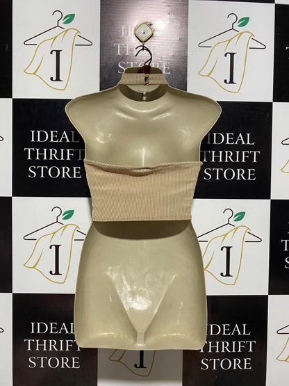 TOPSHOP |M| BUST 16| B6| CHIC BEIGE RIBBED HIGH-NECK HALTER CROP TOP