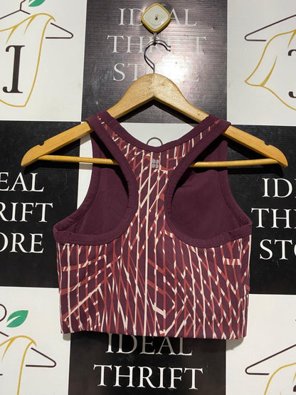SWEATY BETTY |S| BUST 13|B5| ATHLETA POWER OF SHE PRINTED HIGH-NECK LONG-LINE SPORTS BRA – PLUM GINGHAM ABSTRACT
