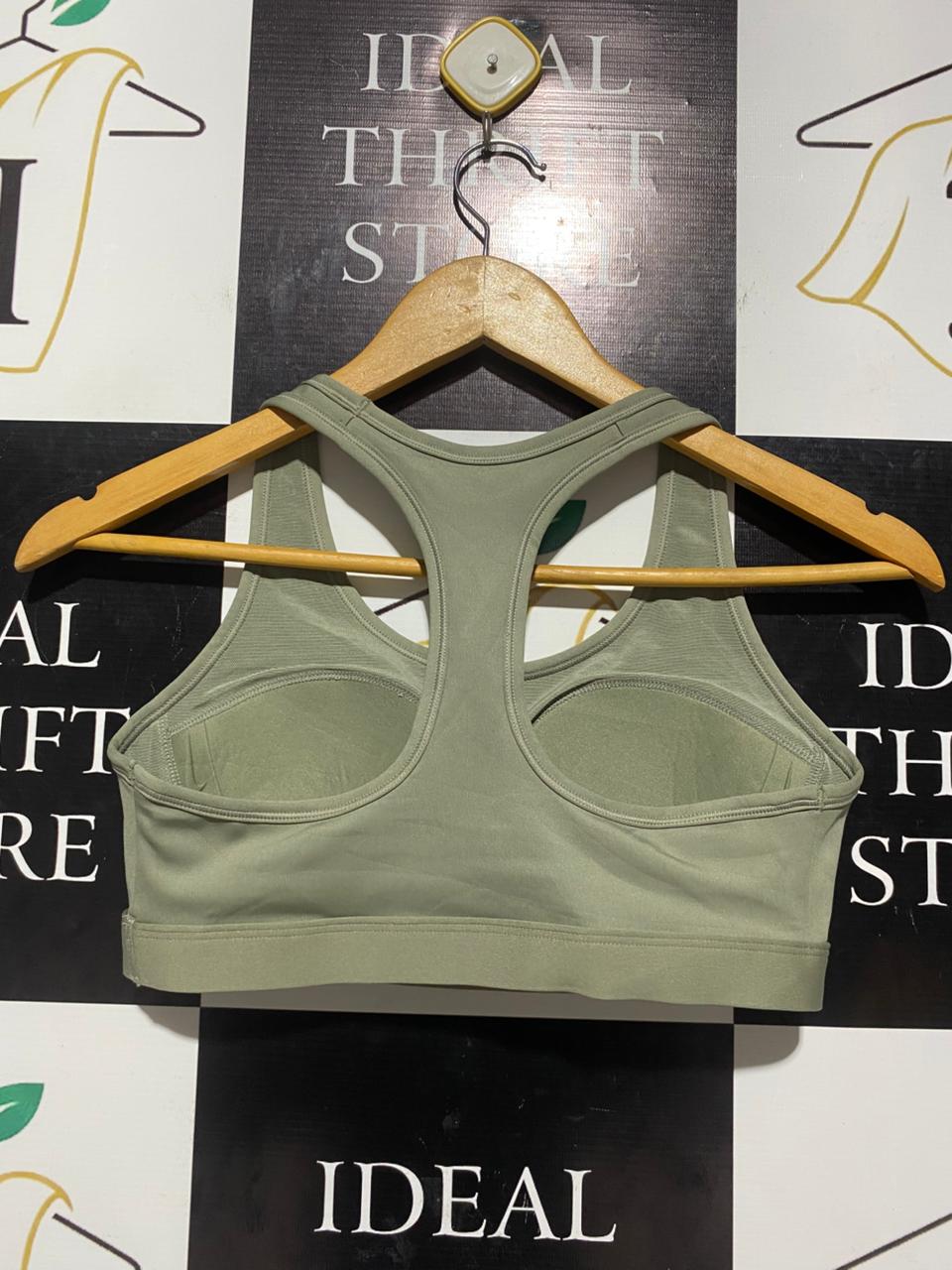 NIKE |M| BUST 14| B5| LADIES DRI-FIT RACERBACK SPORTS BRA IN OLIVE GREEN