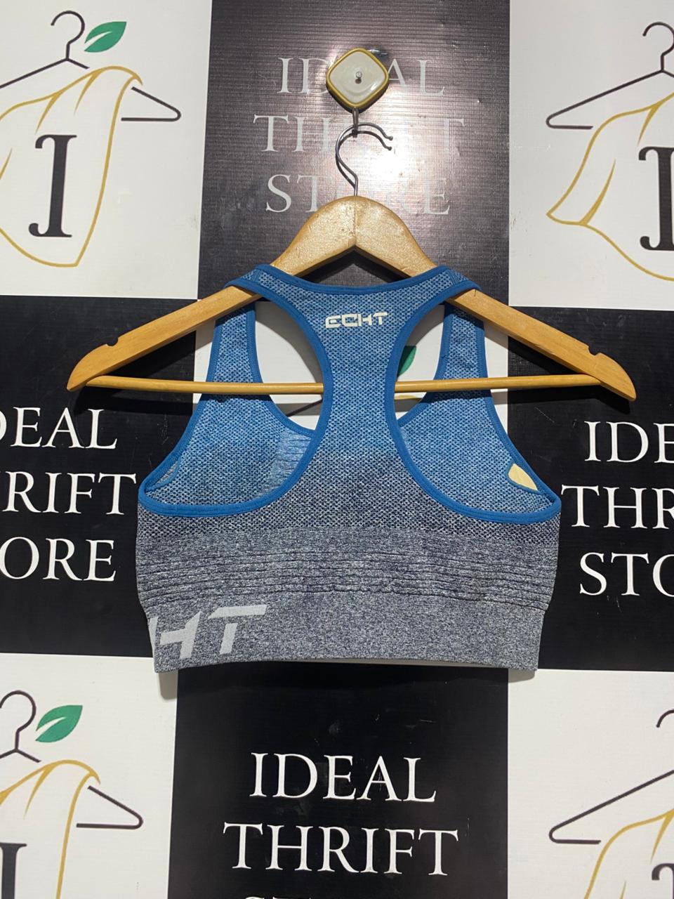 ECHT |M| BUST 13| B5| LADIES SEAMLESS OMBRE RACERBACK SPORTS BRA IN BLUE AND GREY