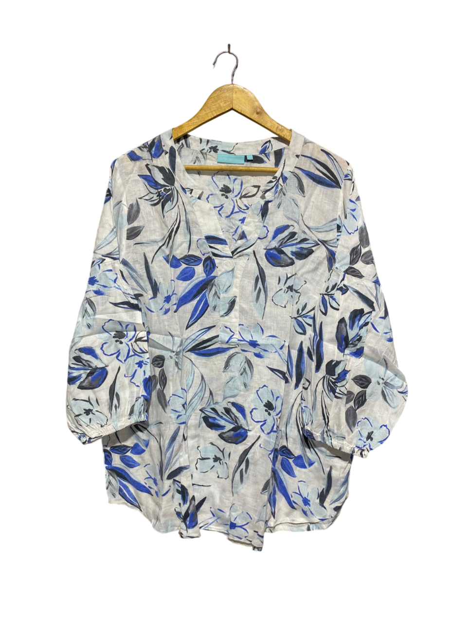 BLUE ILLUSION |L| BUST 23| B6| FLORAL PRINT LINEN BLEND V-NECK TUNIC TOP