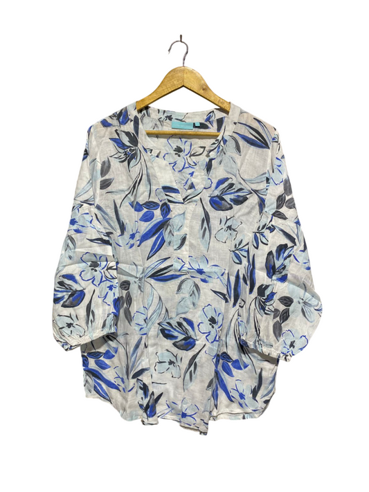 BLUE ILLUSION |L| BUST 23| B6| FLORAL PRINT LINEN BLEND V-NECK TUNIC TOP