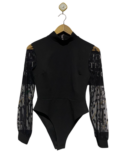 BOOHOO |S| BUST 15| B6| CHIC BLACK MOCK NECK BODYSUIT WITH MESH GRAPHIC SLEEVES