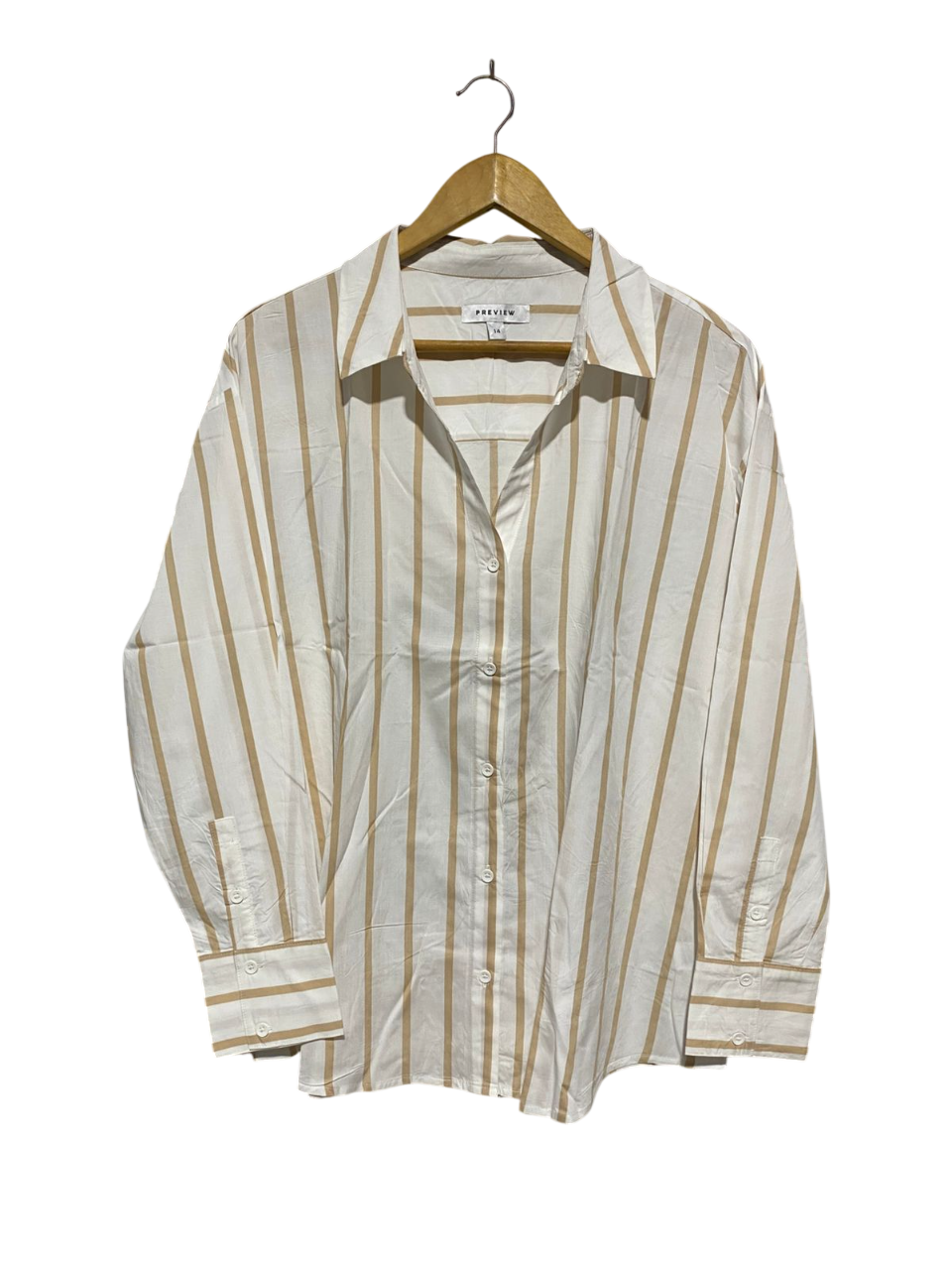 PREVIEW |XL| BUST 24| B6| PREVIEW TAN AND WHITE VERTICAL STRIPED BUTTON-DOWN SHIRT