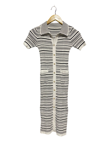 |XS| BUST 12| B6| STRIPED RIB-KNIT BUTTON-DOWN MIDI POLO DRESS