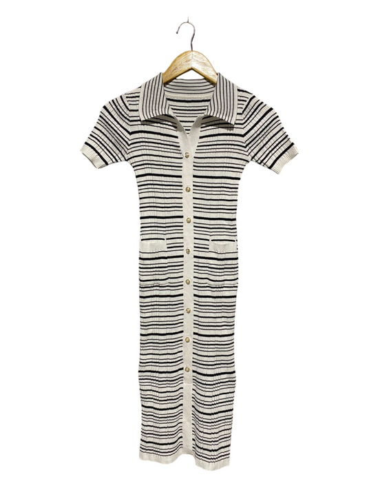 |XS| BUST 12| B6| STRIPED RIB-KNIT BUTTON-DOWN MIDI POLO DRESS