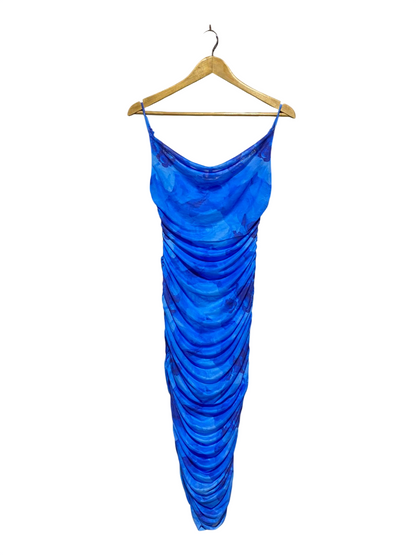 HELLO MOLLY |M| BUST 15| B6| COBALT BLUE FLORAL MESH RUCHED BODYCON DRESS