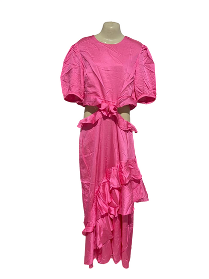 NEVER FULLY DRESSED |L| BUST | B6| VIBRANT BUBBLEGUM PINK RUFFLE CUT-OUT MAXI DRESS