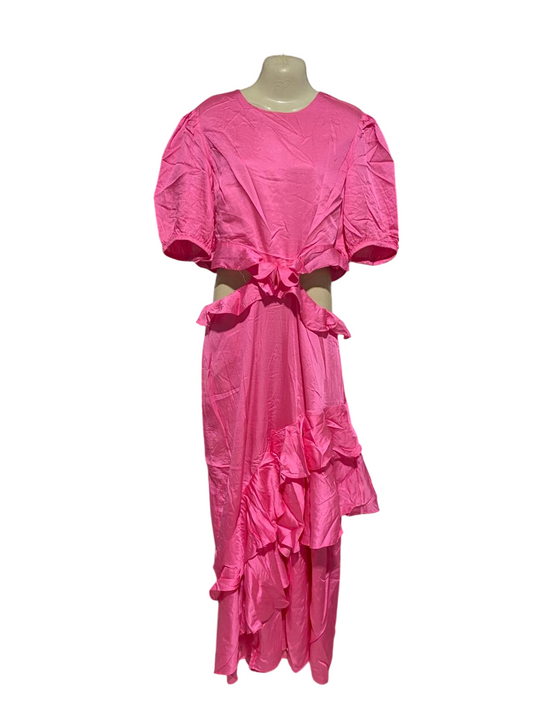 NEVER FULLY DRESSED |L| BUST | B6| VIBRANT BUBBLEGUM PINK RUFFLE CUT-OUT MAXI DRESS