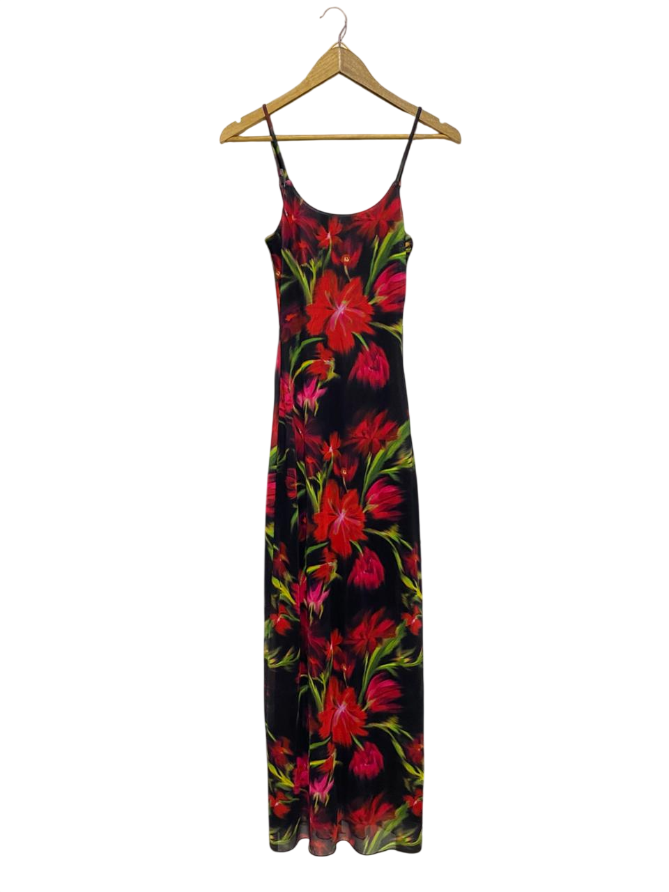 PERFECT STRANGER |S| BUST 13| B6| VIBRANT RED FLORAL MESH SLIP MAXI DRESS IN BLACK