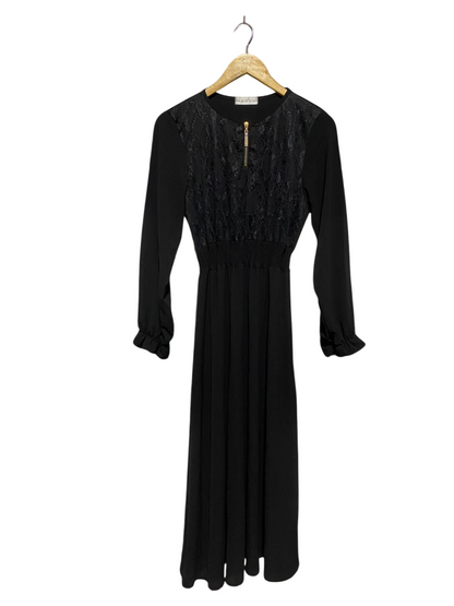 MALIBU |S| BUST 15| B6| ELEGANT BLACK MAXI DRESS WITH LACE BODICE AND GOLD ZIP DETAIL