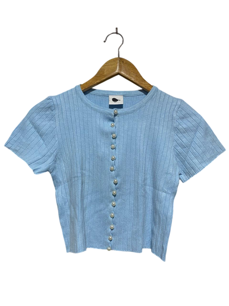 JACK WILLS |S| BUST 14| B6| PALE BLUE RIBBED SHORT SLEEVE CARDIGAN WITH PEARL BUTTONS