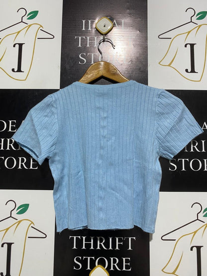 JACK WILLS |S| BUST 14| B6| PALE BLUE RIBBED SHORT SLEEVE CARDIGAN WITH PEARL BUTTONS