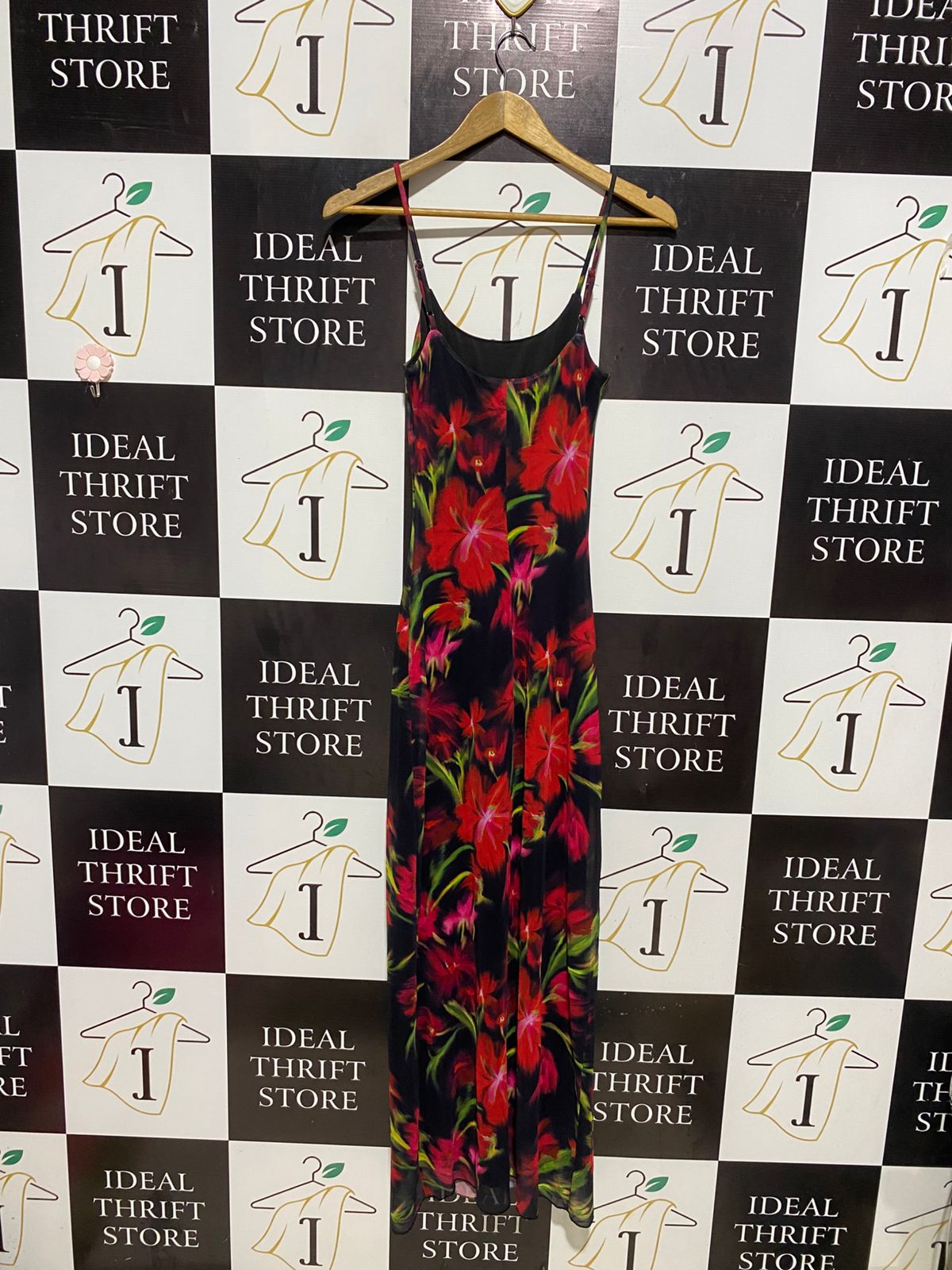 PERFECT STRANGER |S| BUST 13| B6| VIBRANT RED FLORAL MESH SLIP MAXI DRESS IN BLACK