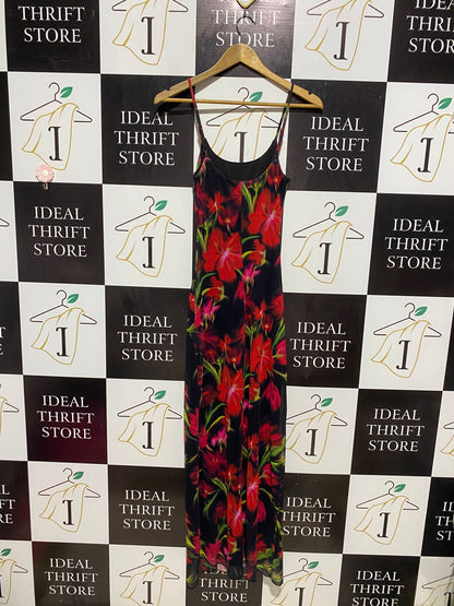 PERFECT STRANGER |S| BUST 13| B6| VIBRANT RED FLORAL MESH SLIP MAXI DRESS IN BLACK