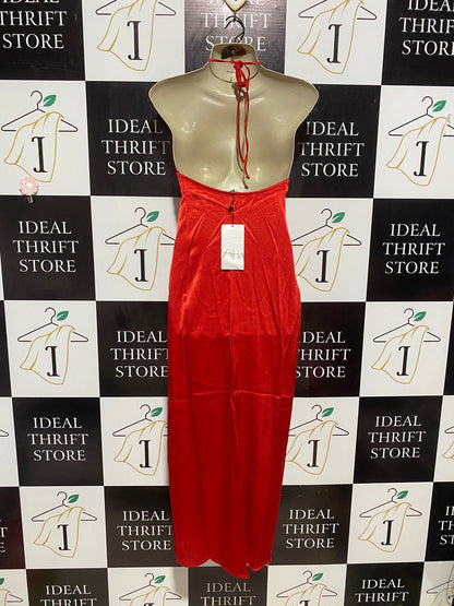ZARA |S| BUST 14| B6| STRIKING SCARLET RED SATIN HALTER NECK MAXI DRESS