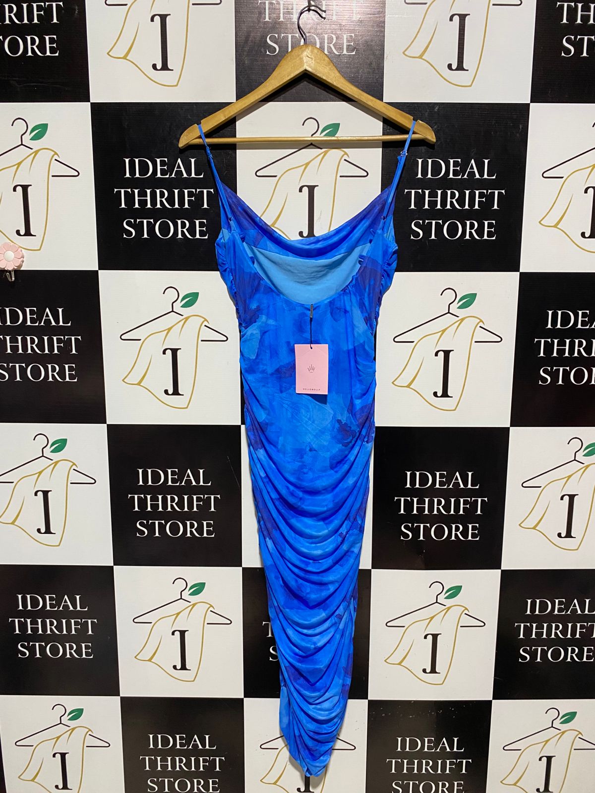 HELLO MOLLY |M| BUST 15| B6| COBALT BLUE FLORAL MESH RUCHED BODYCON DRESS