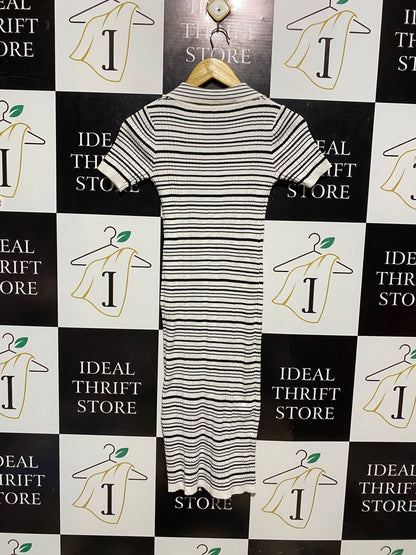 |XS| BUST 12| B6| STRIPED RIB-KNIT BUTTON-DOWN MIDI POLO DRESS