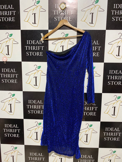 SHEIN CURVE |XL| BUST 18| B6| ROYAL BLUE GLITTER ONE-SHOULDER RUFFLE MIDI DRESS