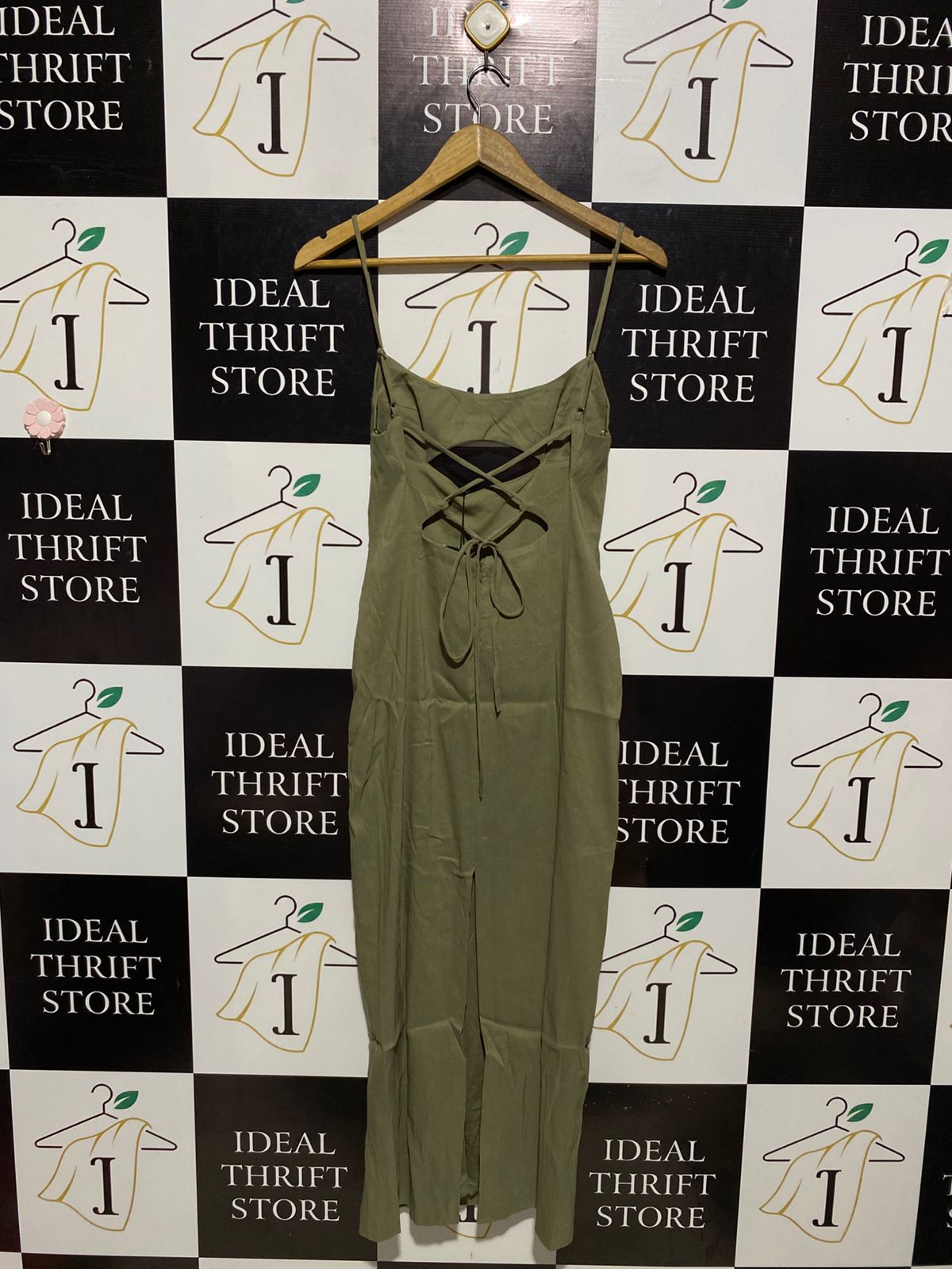 ZARA |XS| BUST 14| B6| OLIVE GREEN CUT-OUT SLIP MIDI DRESS